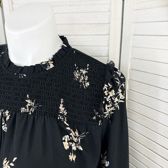J. Crew Floral Smocked Ruffle Trim Blouse Black Tan Large - Picture 5 of 12